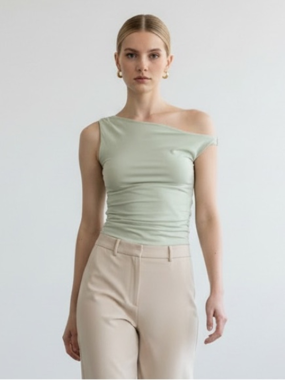 1433 • Light Sage Stretch Asymmetrical One Shoulder Ruched Sides Stretch Top
